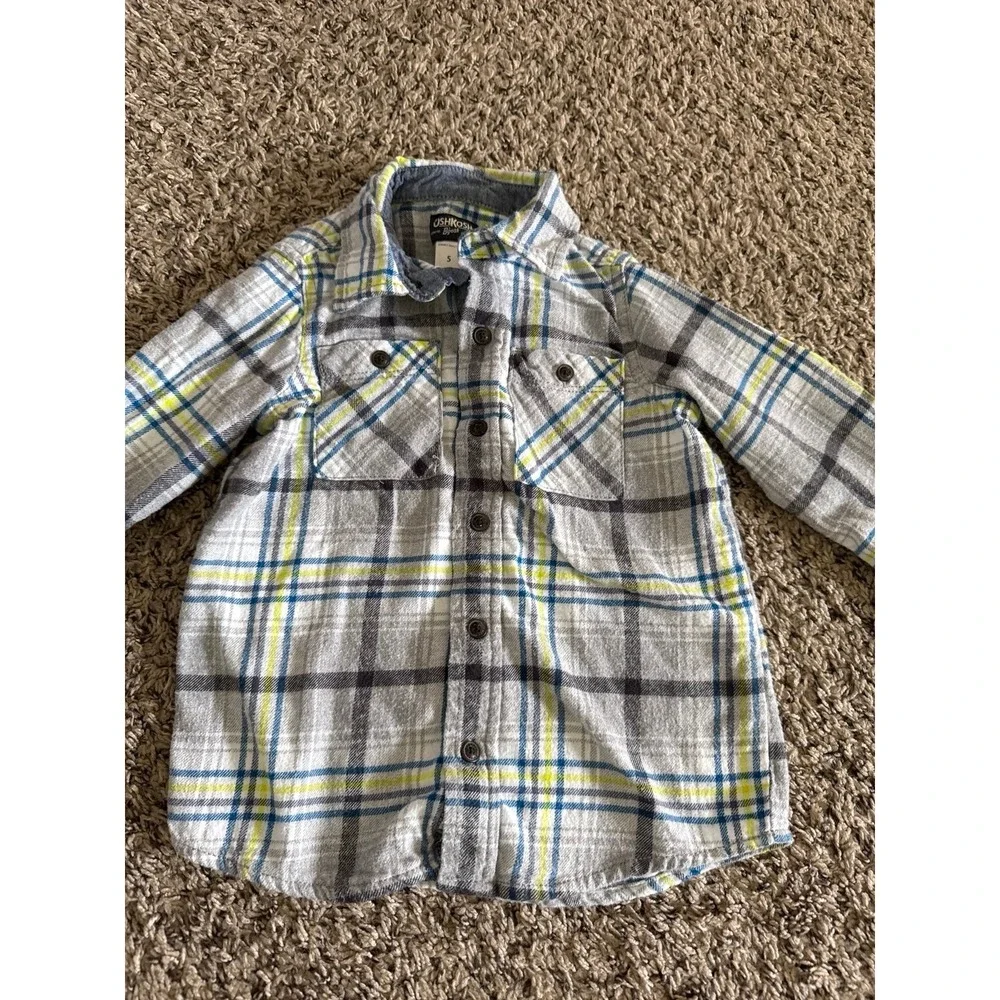 Oshkosh Boys Gray Neon Green Blue Long Sleeve‎ Flannel Size 5